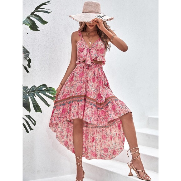 2 piece set: Floral Print Tie Front Cami crop Top & Ruffle Hem midi Skirt blue - Picture 7 of 7